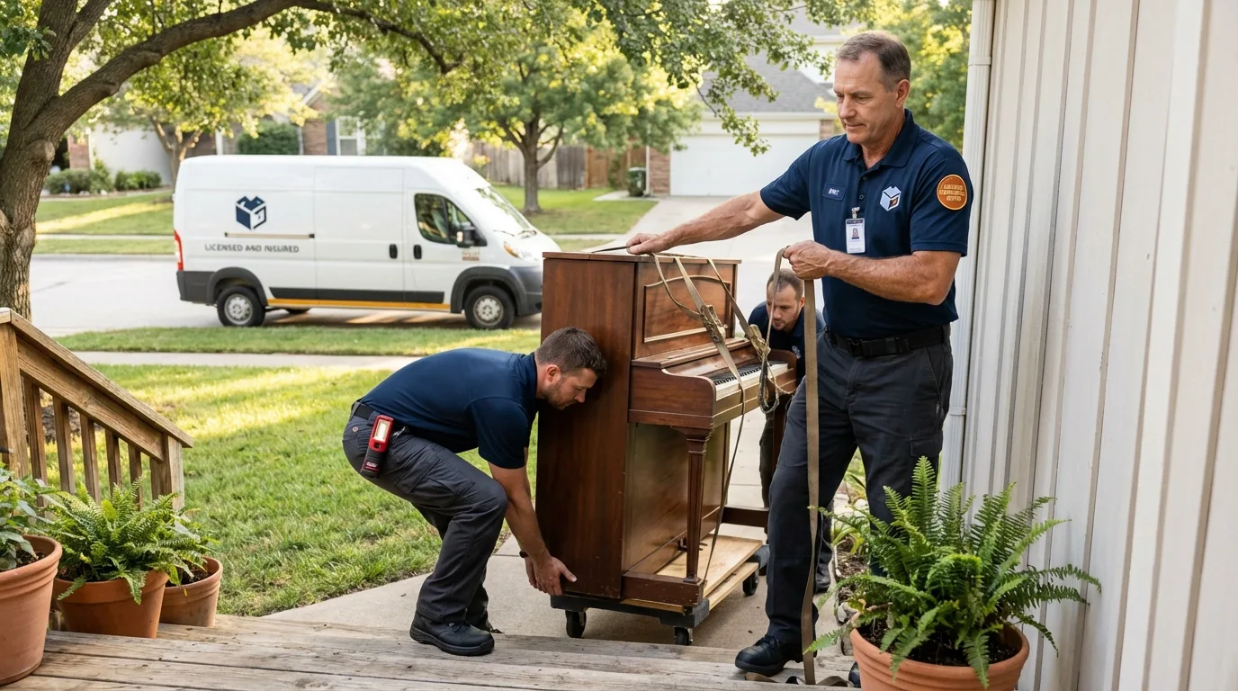Licensed piano movers securing grand piano in Chisago City, MN