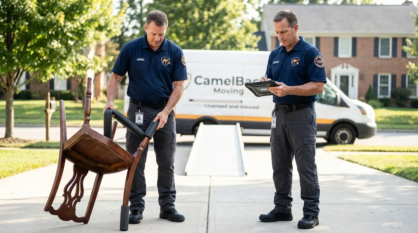 Movers inspecting furniture for damage prevention before loading in Chisago City, MN