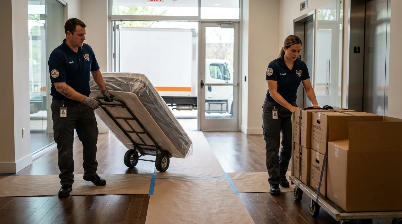 Professional apartment movers loading elevator in Chisago City, MN